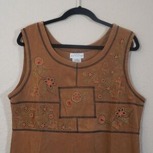 Vintage White Stag Brown Shift Midi Dress Sleeveless Embroidered Cottagecore L